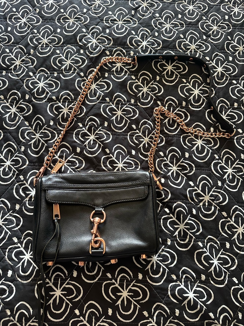 Rebecca Minkoff Mini MAC Crossbody Bag in Black with Rose Gold Hardware